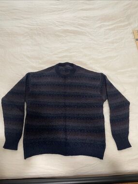 VTG Men's Crewneck Striped Wool Blend Sweater - Navy Blue and Brown